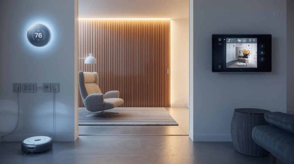 Smart gadget for home setup with thermostat, smart lights, robot vacuum and security devices